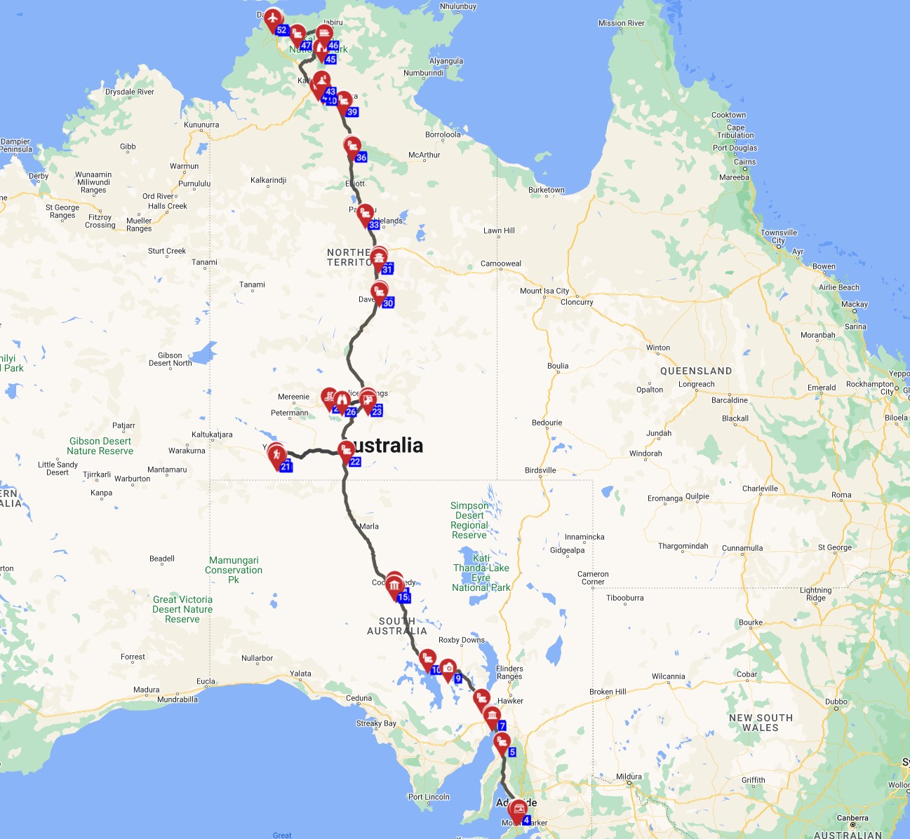 Map for Adelaide to Darwin - An Epic Motorhome Route from Adelaide to Darwin